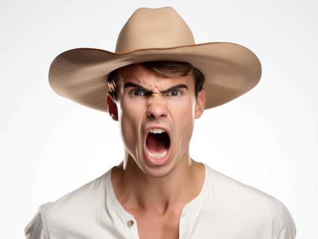 Mexican man in emotional pose on white background