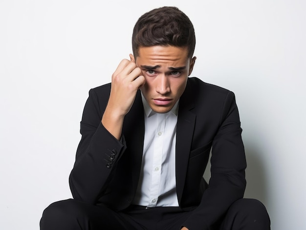 Mexican man in emotional pose on white background