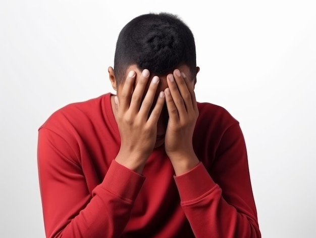 Mexican man in emotional pose on white background