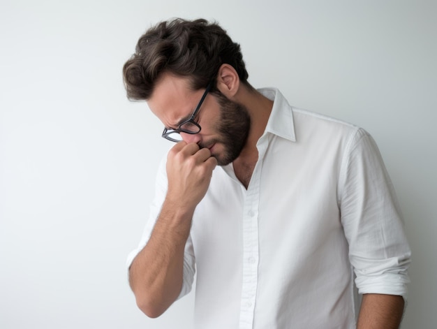 Mexican man in emotional pose on white background