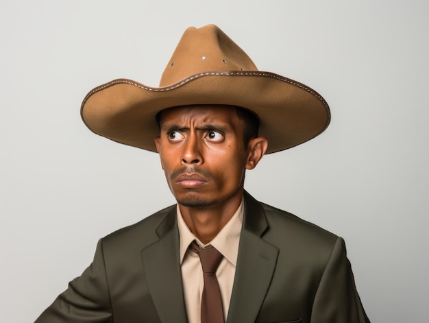 Mexican man in emotional pose on white background