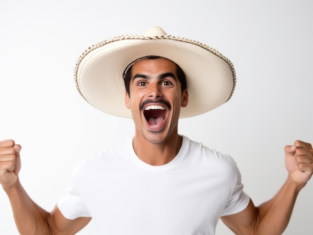 Mexican man in emotional pose on white background