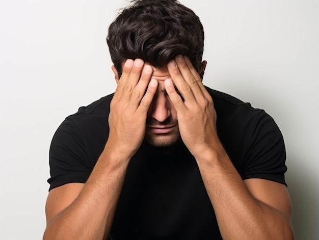 Mexican man in emotional pose on white background