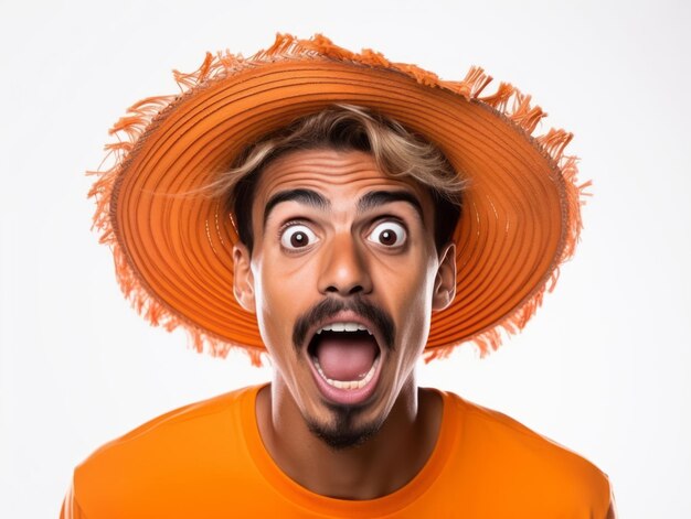 Mexican man in emotional pose on white background