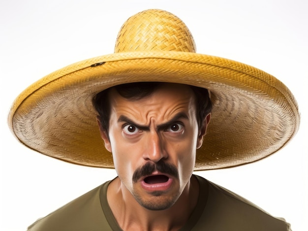 Mexican man in emotional pose on white background