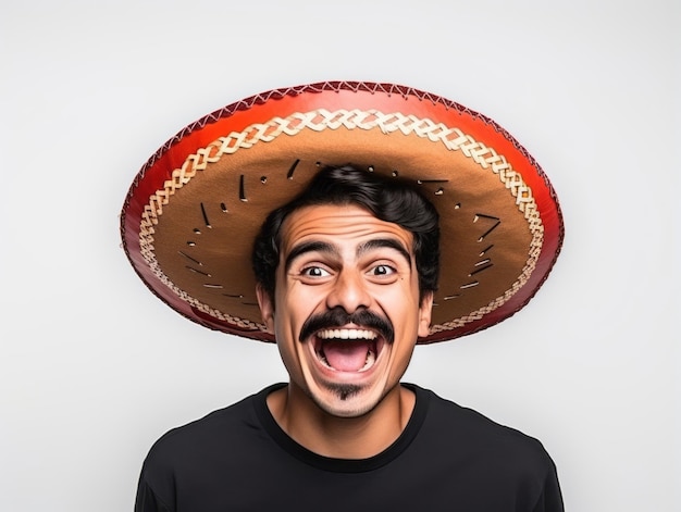 Mexican man in emotional pose on white background