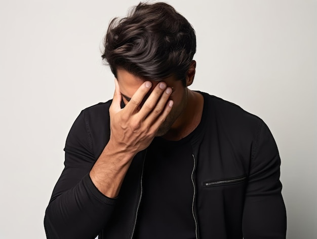 Mexican man in emotional pose on white background