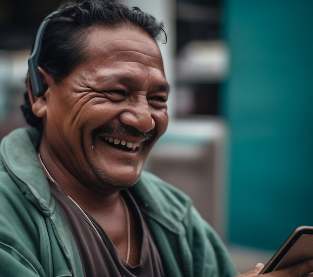 Mexican man smiles using a tablet