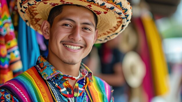 写真 伝統的なドレスを着てメキシコの帽子をかぶって微笑むメキシコ人男性