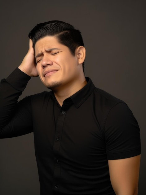 Mexican man with pain on neutral background