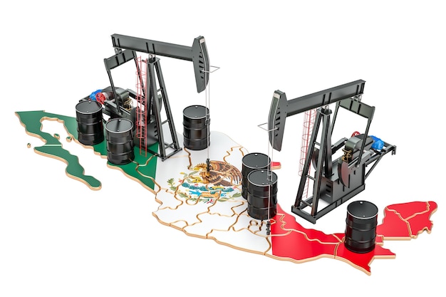 Photo mexican map with oil barrels and pumpjacks oil production concept 3d rendering