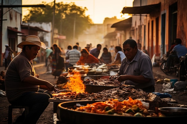 A Mexican market scene with vendors selling tacos tamales and elote