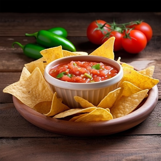 Mexican Nachos Chips And Salsa Dip In Bowl On Wood