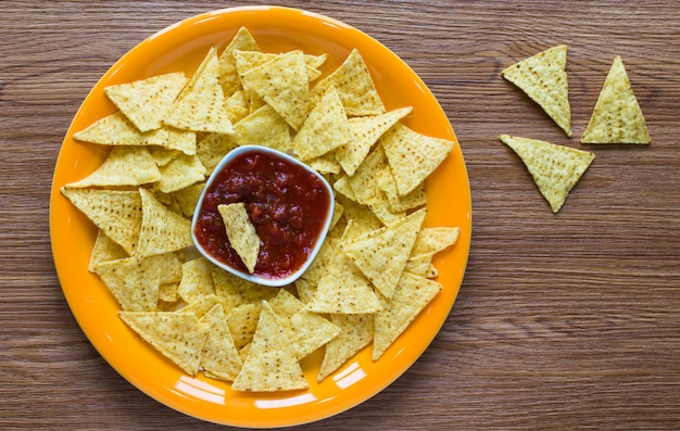 Mexican nachos chips  on wooden background