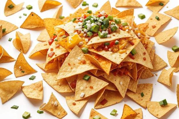 Mexican nachos tortilla chips heap isolated on white