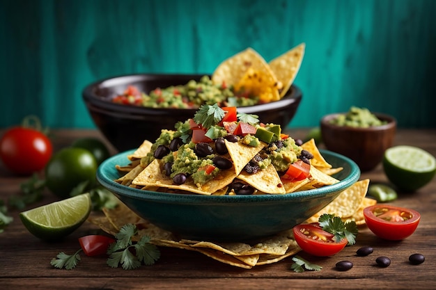 Mexican nachos tortilla chips with black beans guacamole tomato and jalapeno on wooden table