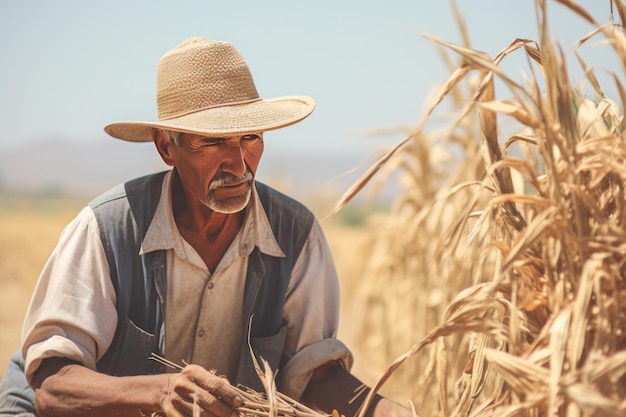 Mexican old farmer harvesting in field