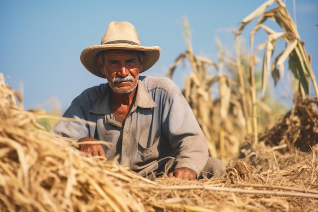 Mexican old farmer harvesting in field