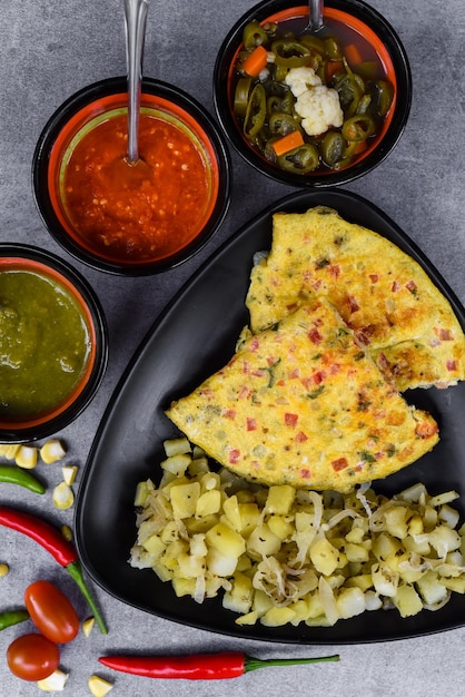 Mexican omelet with potato on black plate with latin american food on gray background