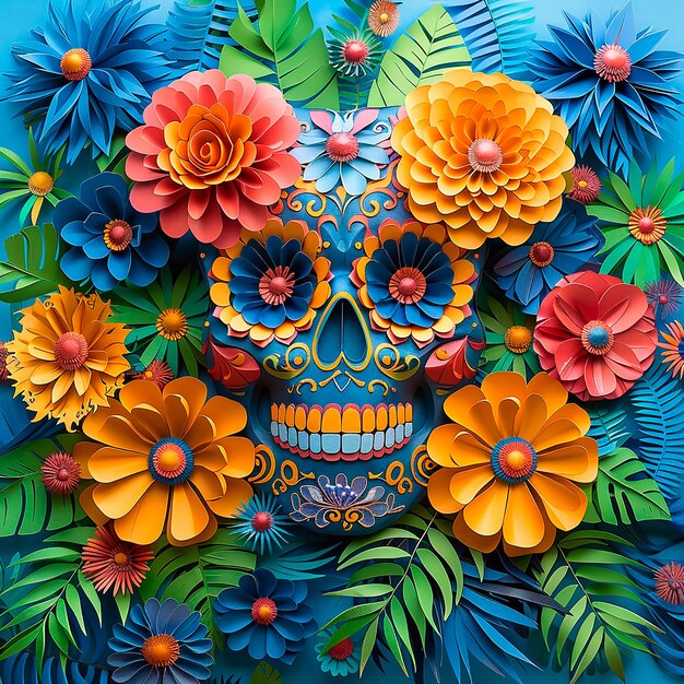 Photo mexican paper skull a colorful representation of mexican tradition adorned with typical flowers