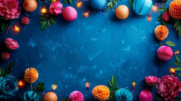 Foto mexican party balls en garland cinco de mayo blauwe banner met kopieerruimte voor tekst ai gegenereerd