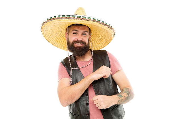 Mexican party concept. Celebrate traditional mexican holiday. Guy happy cheerful festive outfit ready to celebrate. Mexican melody drives him. Man bearded cheerful guy wear sombrero mexican hat.