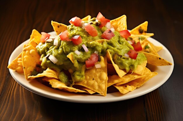 Foto piatto messicano di nachos con guacamole su un tavolo di legno