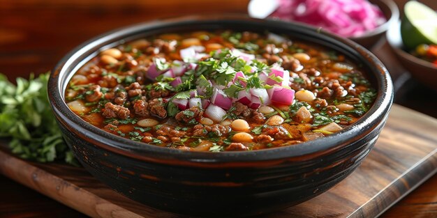 Foto salsa ranchera messicana di pozole fatta con cipolle aglio peperoncino tostato semi di cumino messicano