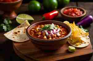 Photo mexican pozole on a wooden board