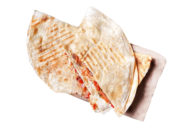 mexican quesadilla, homemade, in wrapping paper, on a white isolated background