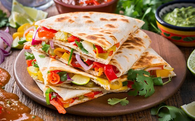 Mexican Quesadilla sliced with vegetables and sauces on the table