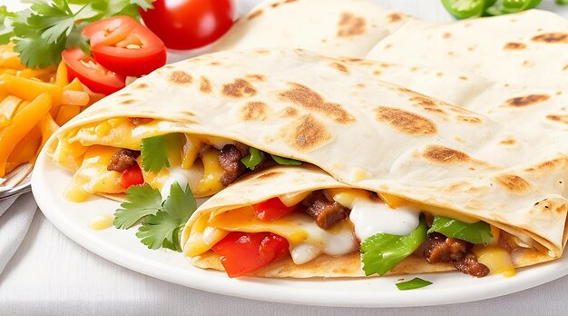 Mexican quesadilla sliced with vegetables and sauces on the table