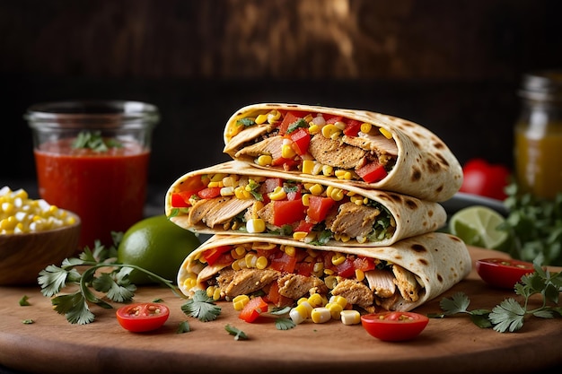 Mexican quesadilla wrap with chicken corn and sweet pepper and salsa