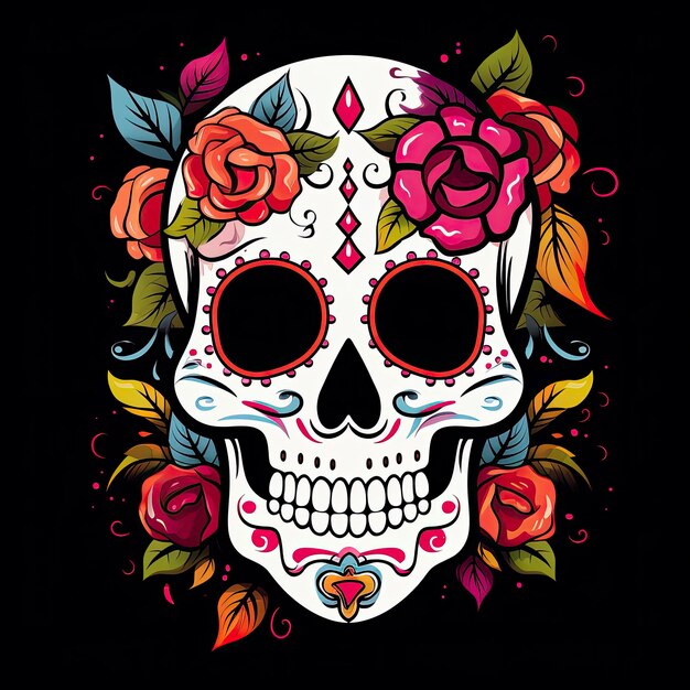 Photo mexican roses skull mexican roses skull dia de los muertos shugar colorful head