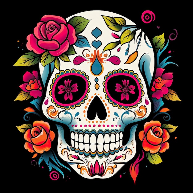 Photo mexican roses skull mexican roses skull dia de los muertos shugar colorful head