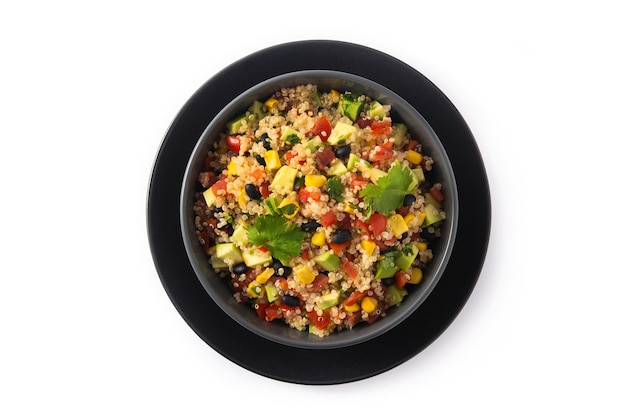 Mexican salad with quinoa in bowl isolated on white