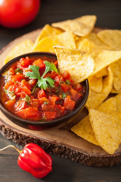 Mexican salsa dip and nachos tortilla chips