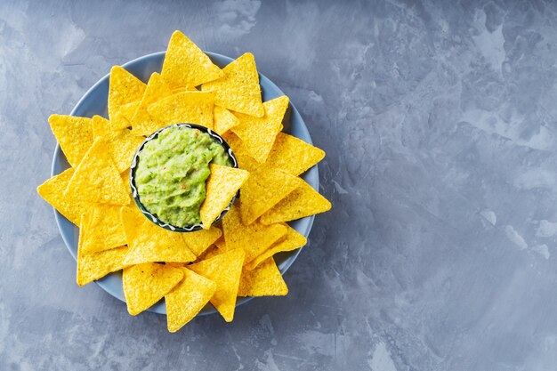 Mexican sauce guacamole with nachos chips in a plate