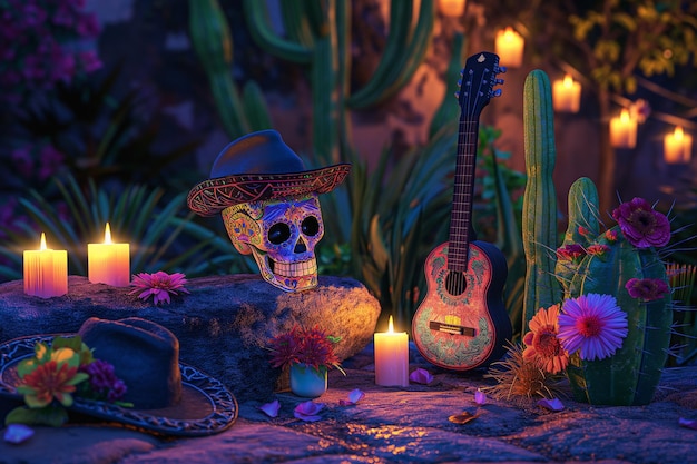 写真 メキシコ の 頭蓋骨 と ギター が 展示 さ れ て い ます.後ろ に は カクタス の 植物 が あり ます