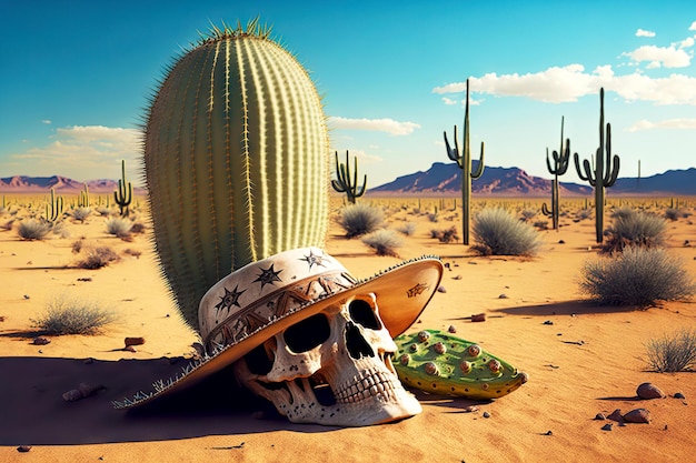 Mexican skull on background of cactus and desert