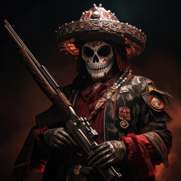 Mexican Skull Dressed In Maricahi Outfit Holding a Weapon Generative AI