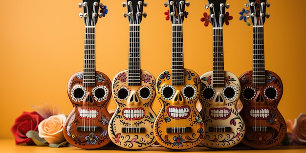 Мексиканская гитара с черепом на оранжевом фоне Generative AI