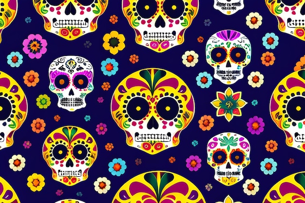 Mexican Skull Halloween Traditional Culture Day Of The Dead Patterns Colourful Background AI Generative