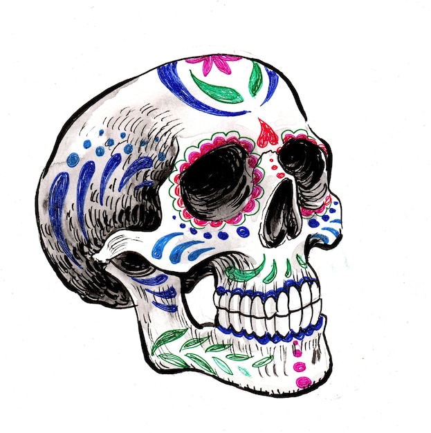 Mexican skull. Ink black and white drawing