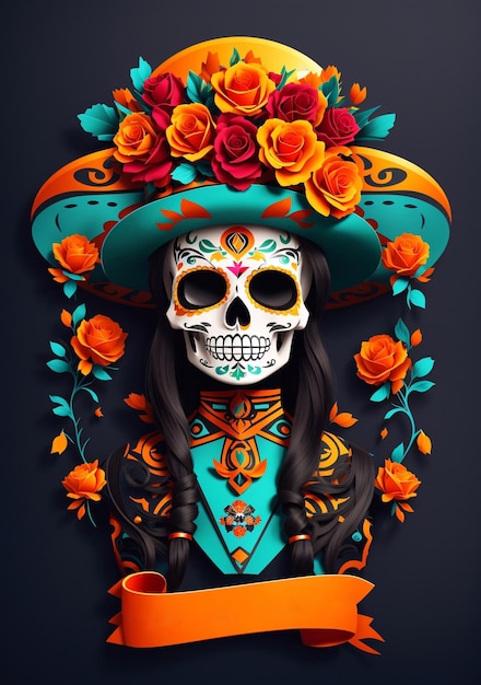 Mexican skull logo vector art illustration