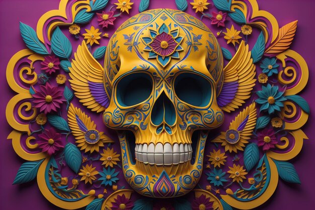 Mexican skull with colorful floral pattern generative ai