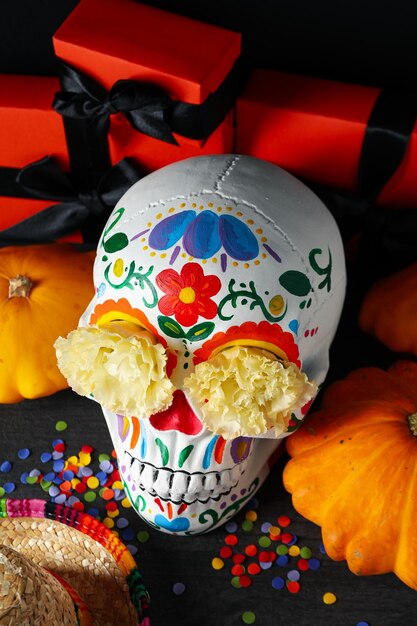 Mexican skull with flowers sombrero zukinny and gift boxes on black background close up