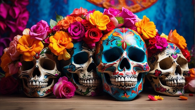 メキシコの花と頭蓋骨のデザイン シンソ・デ・マヨ メキシコの祭り