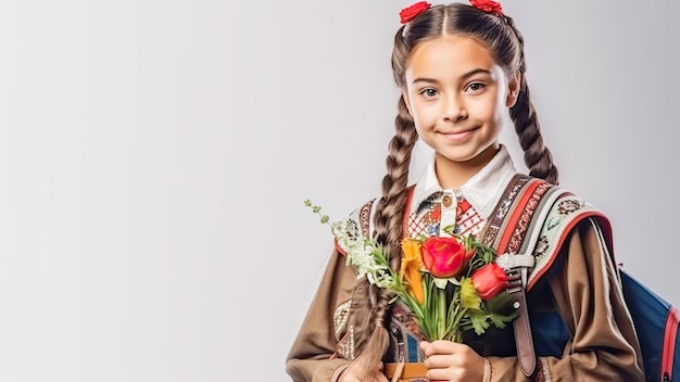 Mexican smiling schoolgirl in national clothes with a bouquet of flowers on grey background