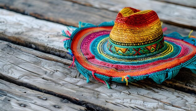 Mexican sombrero hat on old wooden table with colorful background